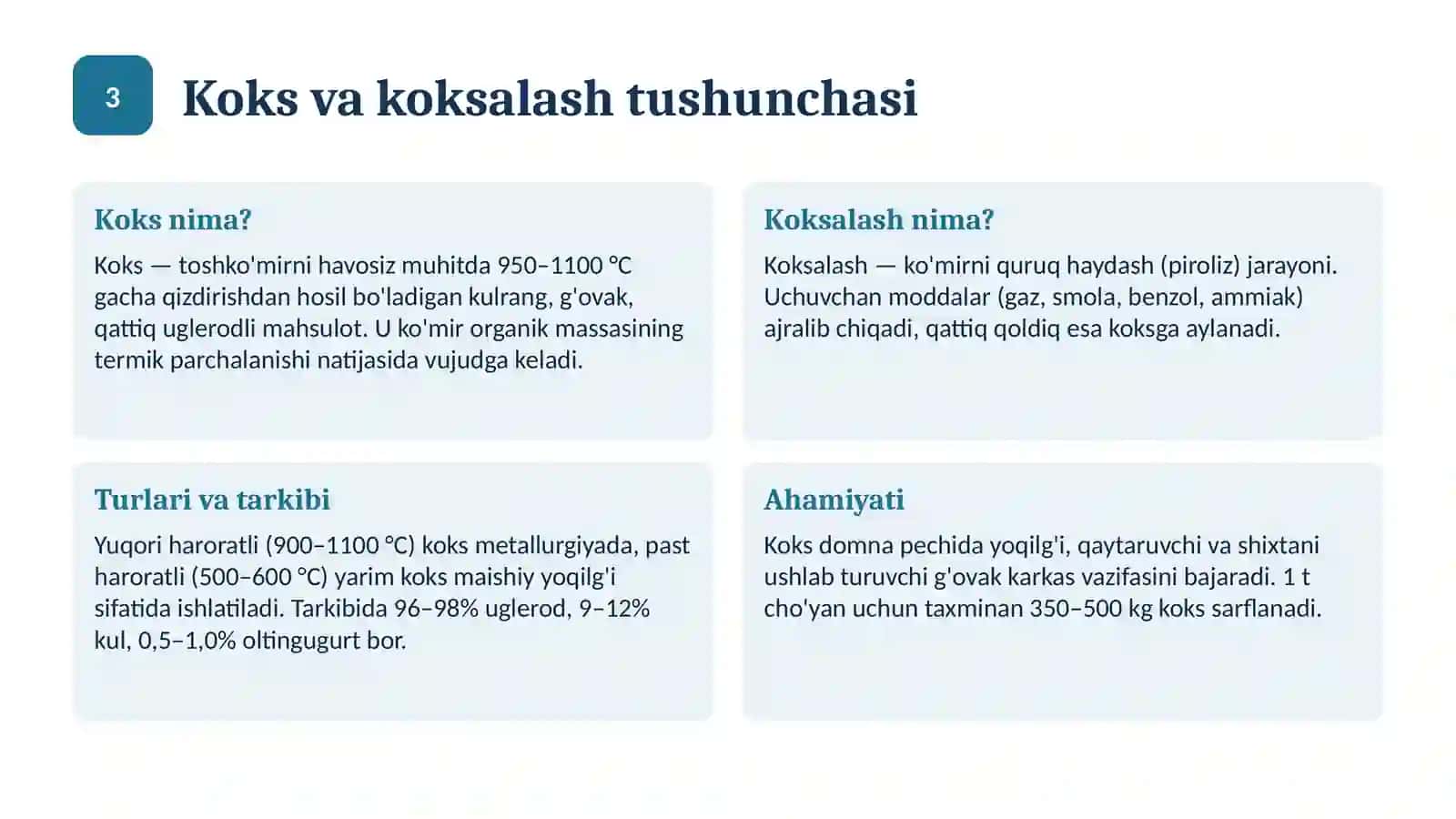Koksalash. Koks va uni qayta ishlash 3