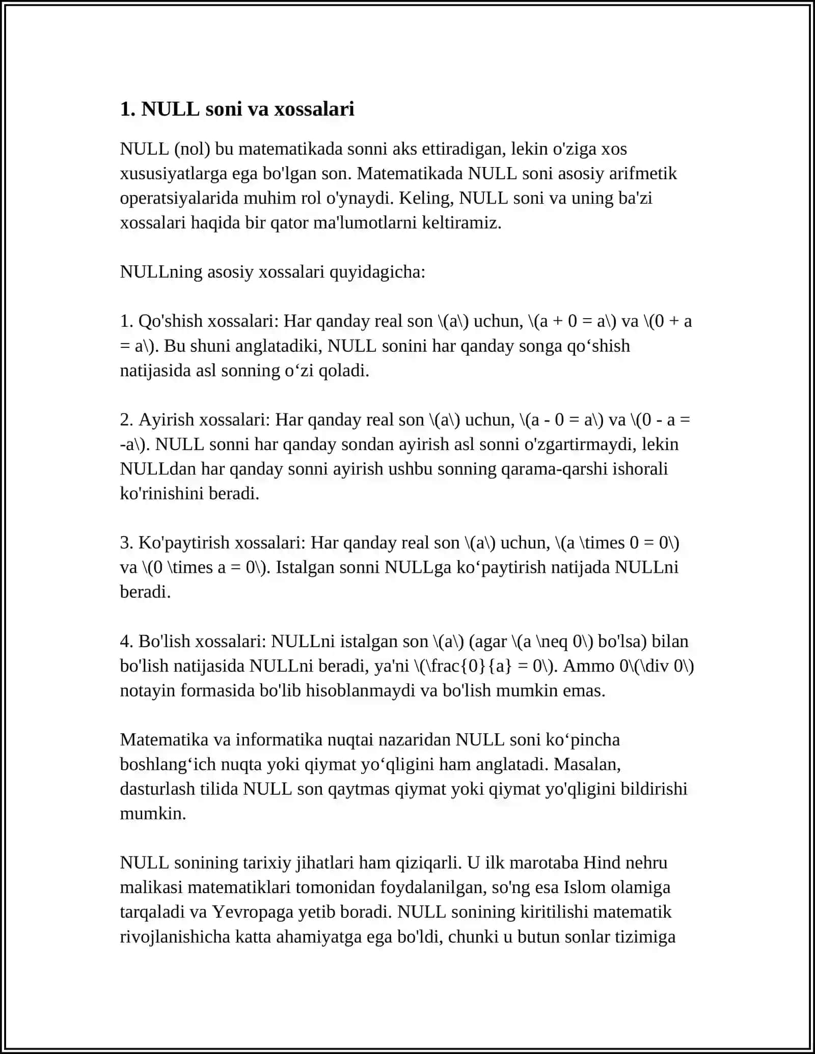 NULL soni va xossalari 3