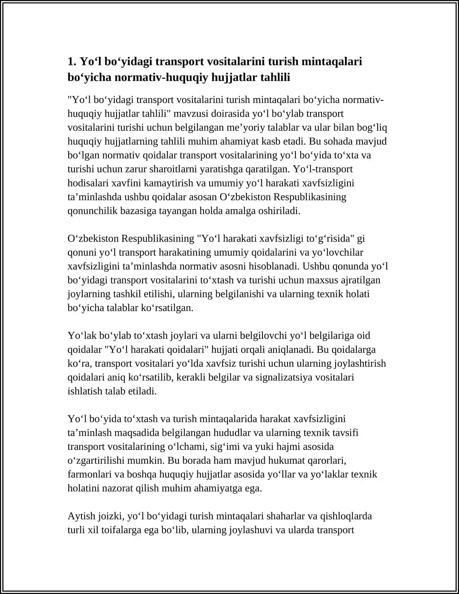 YO‘L BO‘YLAB TRANSPORT VOSITALARINI TURISH MINTAQALARIDA HARAKAT XAVFSIZLIGINING ME’YORIY TALABLARNI O‘RGANISH 3