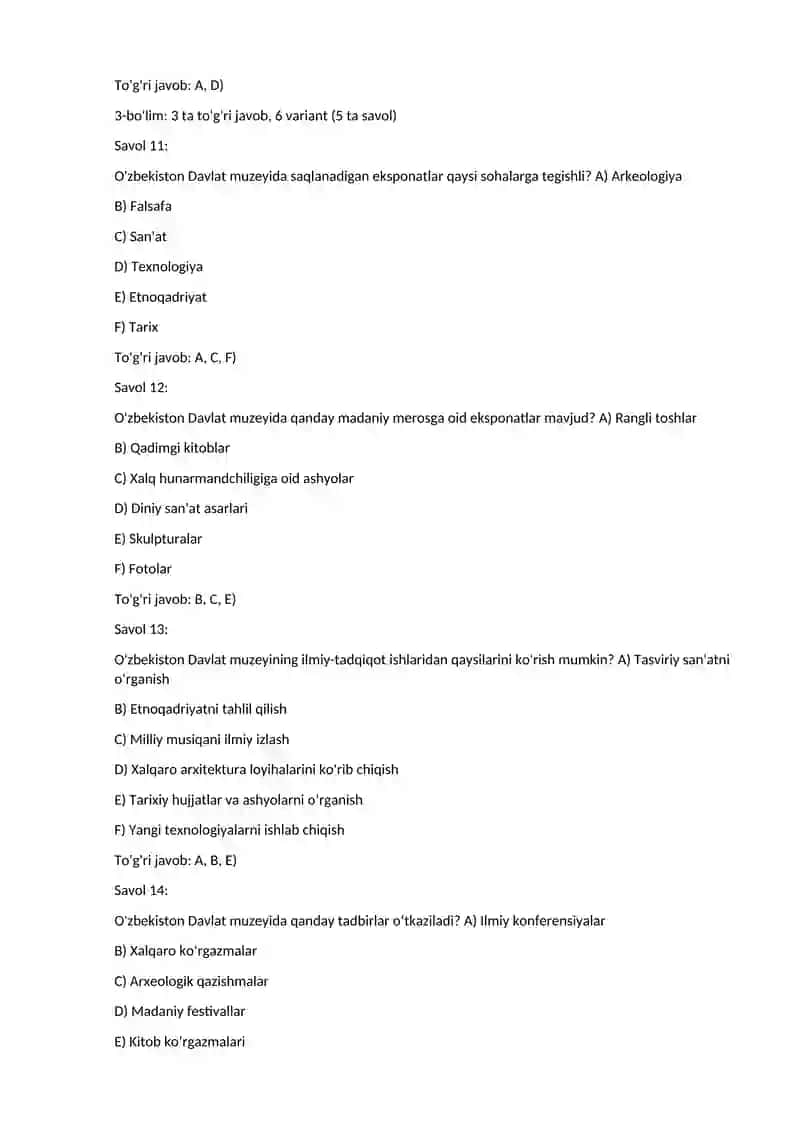 O'zbekiston Davlat Muzeyi test savollari 3