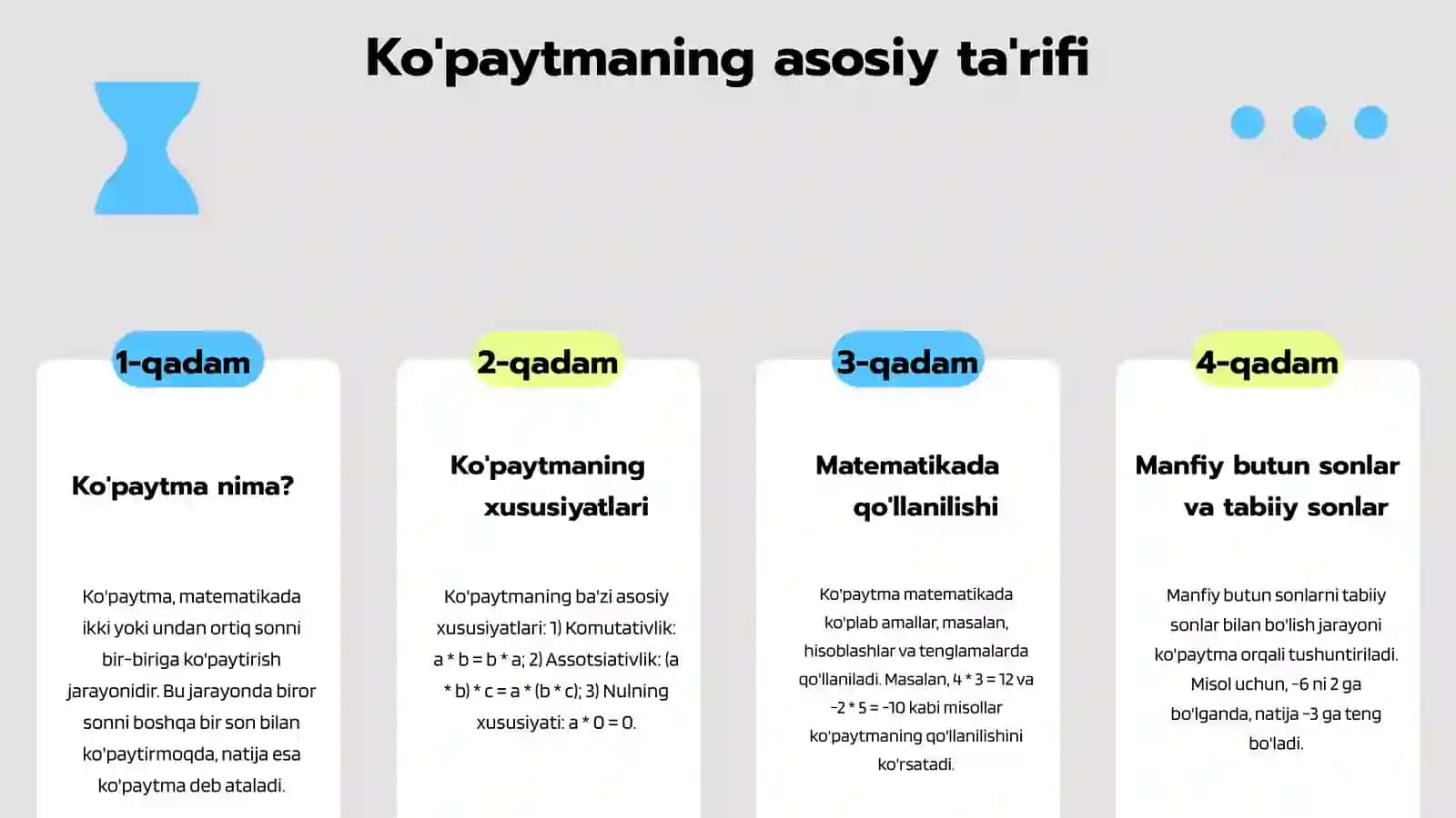 Ko'paytmaning tarifi, uning mavjudligi va yagonaligi. 3