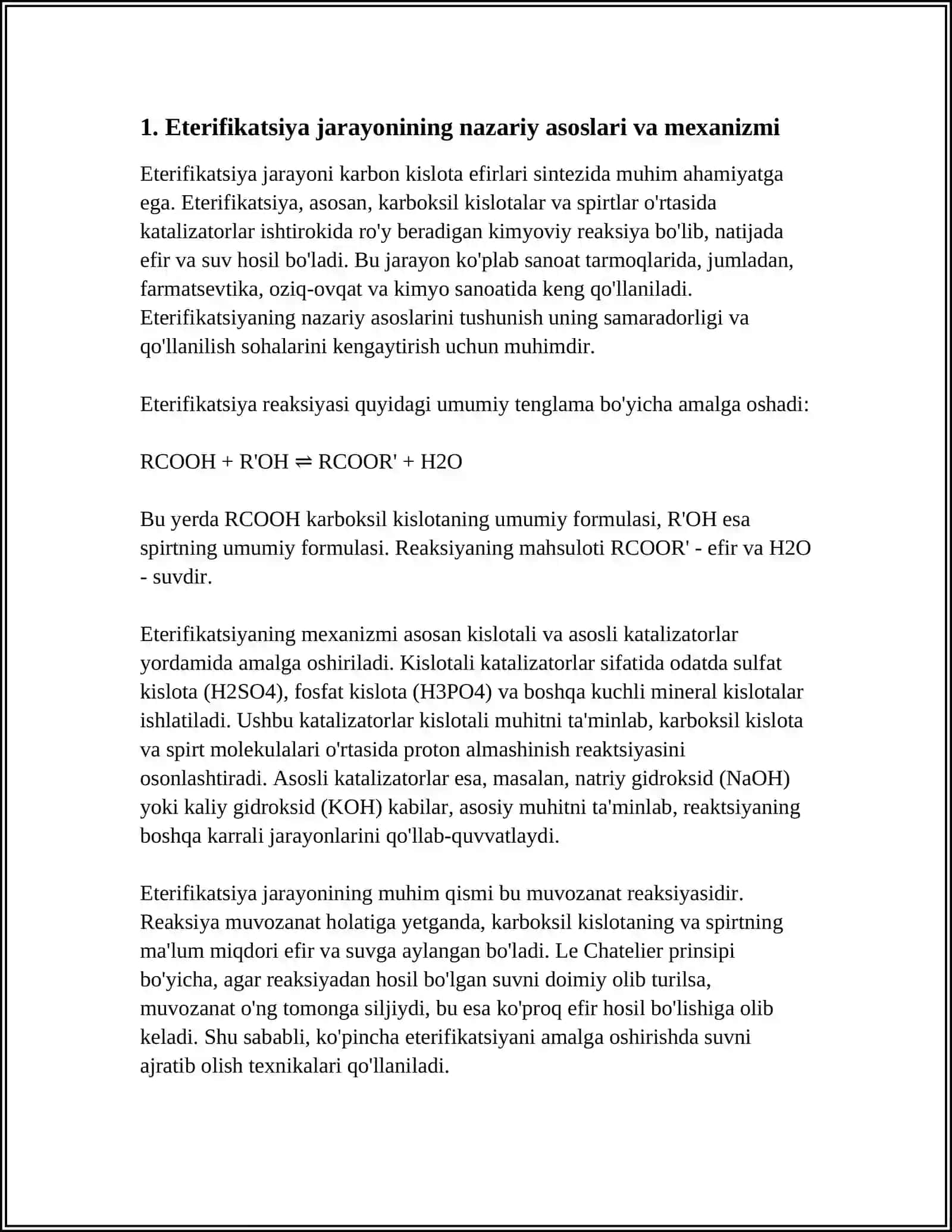 ETERIFIKATSIYA JARAYONLARI KARBON KISLOTA EFIRLARI SINTEZ REFARAT 10 LIST 3