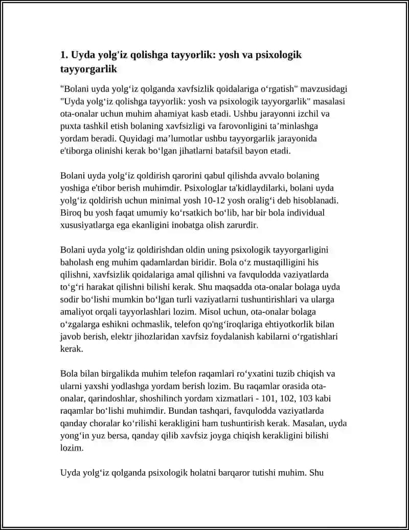 BOLANI UYDA YOLGIZ QOLGANDA QAWIPSIZLIK QAGIYDALARINA AMAL QILISHGA ORGATISH 3