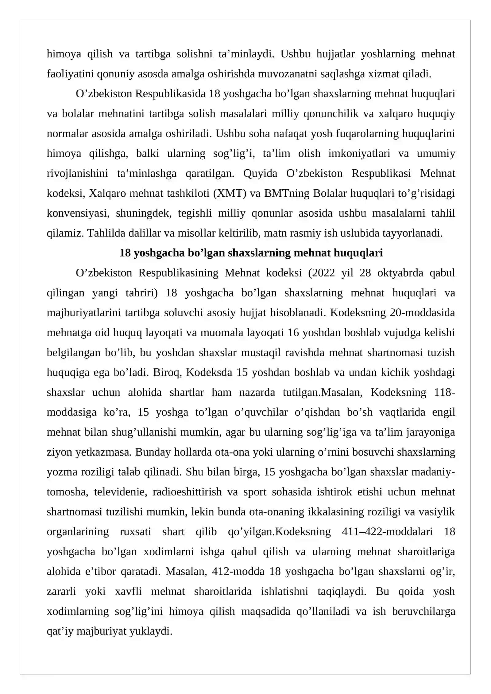 18 yoshgacha bo’lgan xodimlarning mehnatini huquqiy jihatdan tartibga solishning o’ziga xos xususiyatlari 3