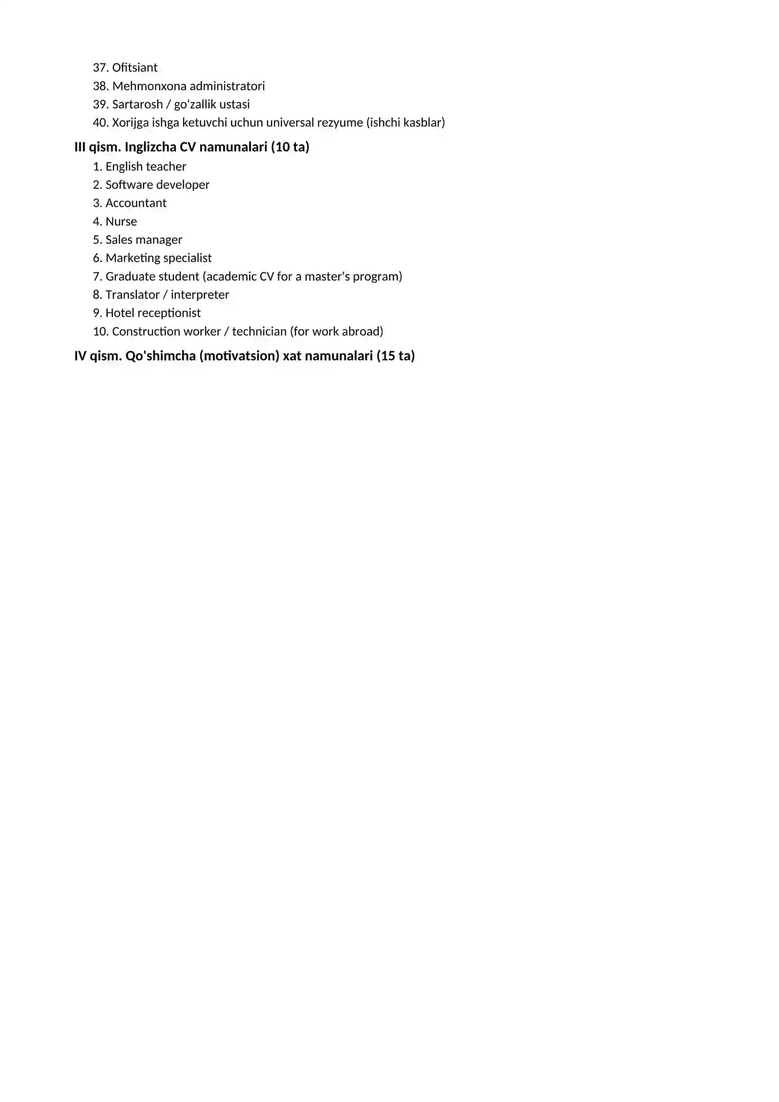 Rezyume namunalari 2026 uzbek tilida word CV va qoshimcha xat bilan tayyorgarlik toplami 3