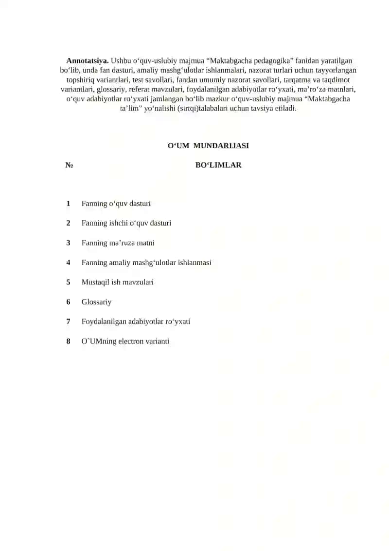 O'quv uslubiy majmua "Maktabgacha pedagogika" 3