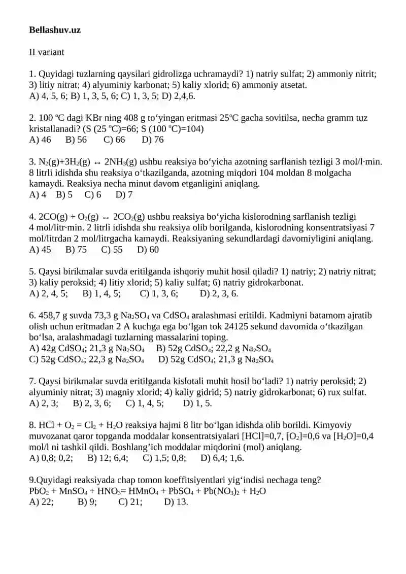 11-sinf. KIMYO. TEST 3