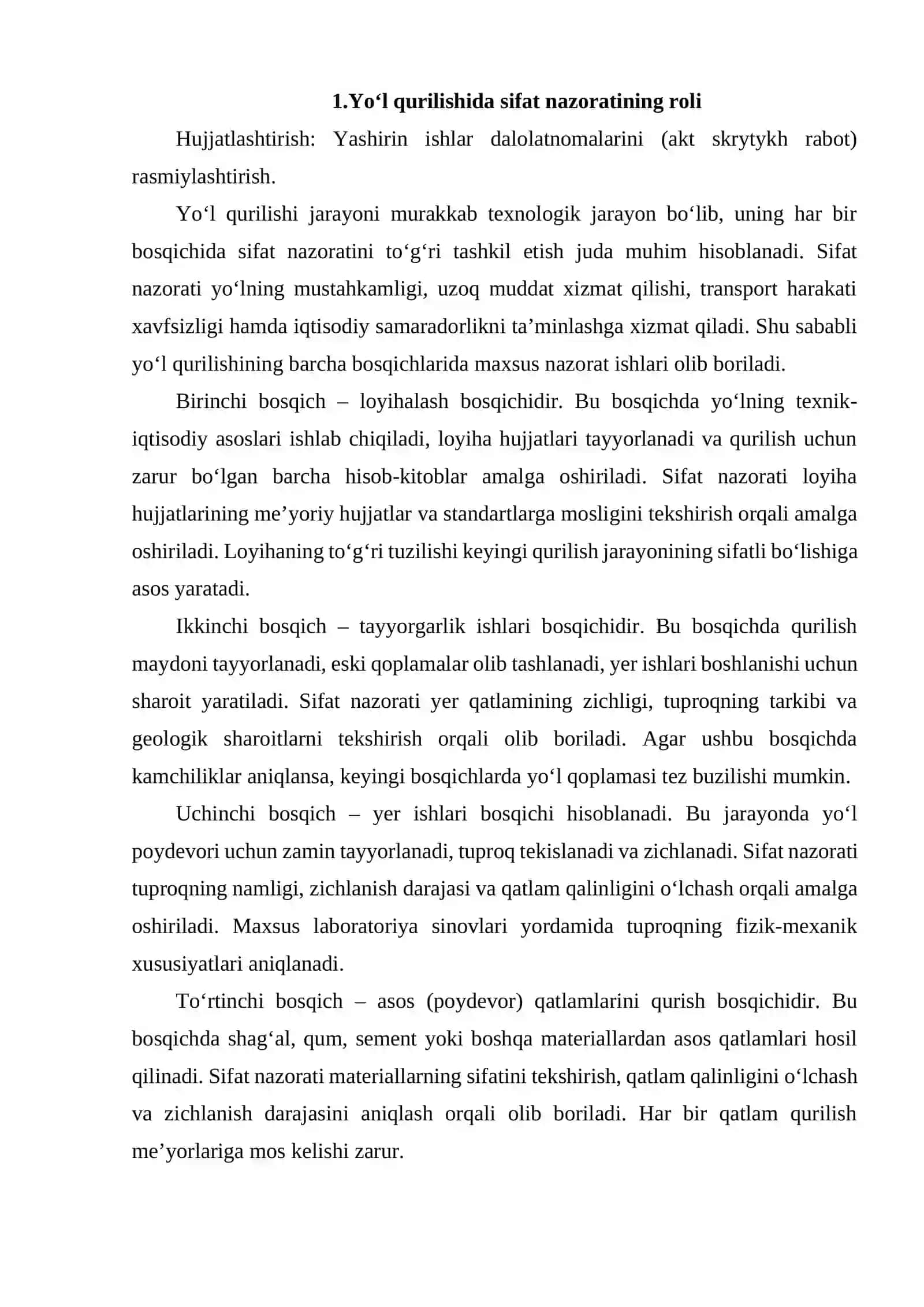 YO‘L QURILISHINING BARCHA BOSQICHLARIDA SIFAT NAZORATINI TASHKIL ETISH 3
