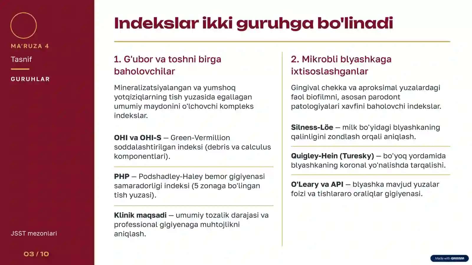 Og'iz bo'shlig'igigiyenasi indekslari 3