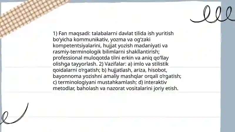 Davlat tilida ish yuritish "fanini õqitish metodikasi 3