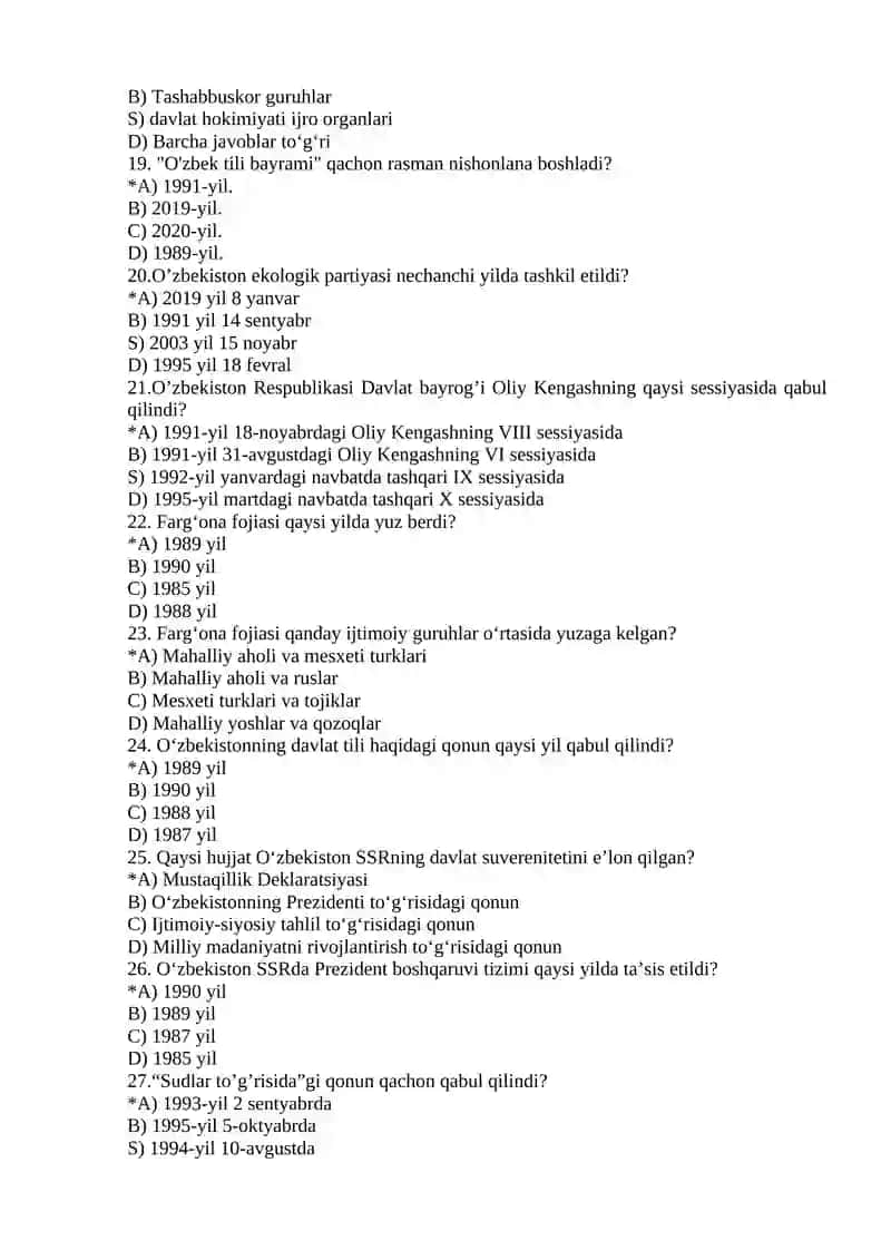 O’ZBEKISTONNING ENG YANGI TARIXI FANIDAN TEST 3