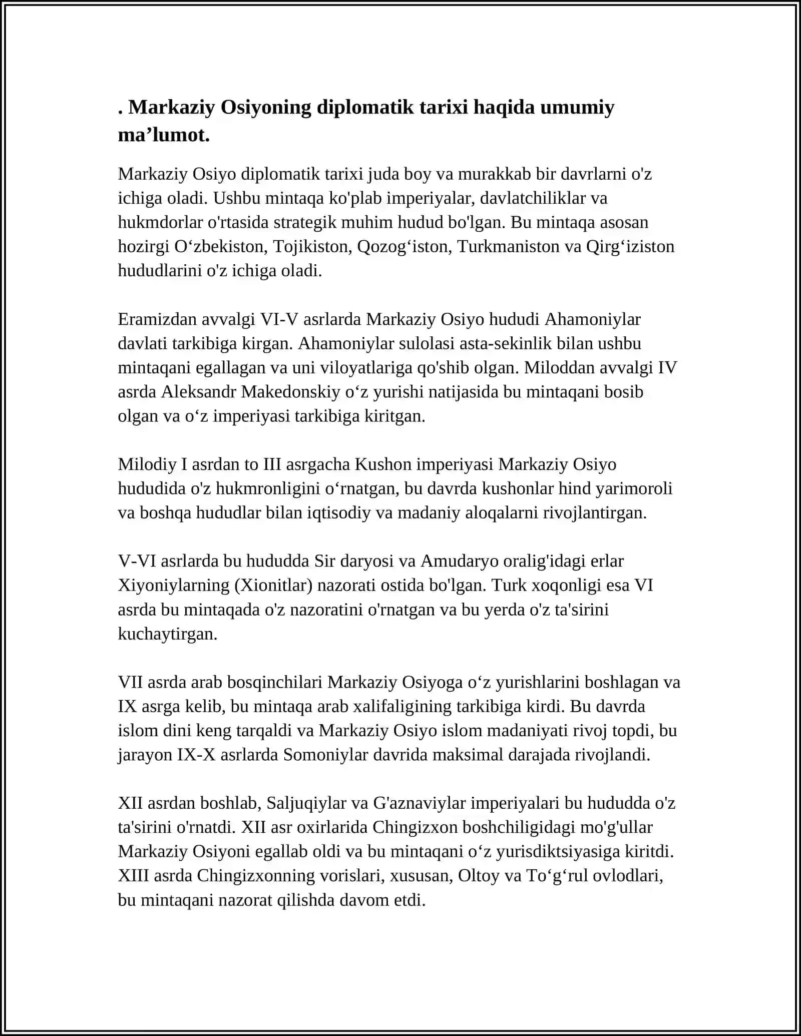 TOSHKENT DAVLAT SHARQSHUNOSLIK UNIVERSITETI MARKAZIY OSIYO DIPLOMATIYASI TARIXI FANINING MAZMUNI, PREDMETI VA METODI 3