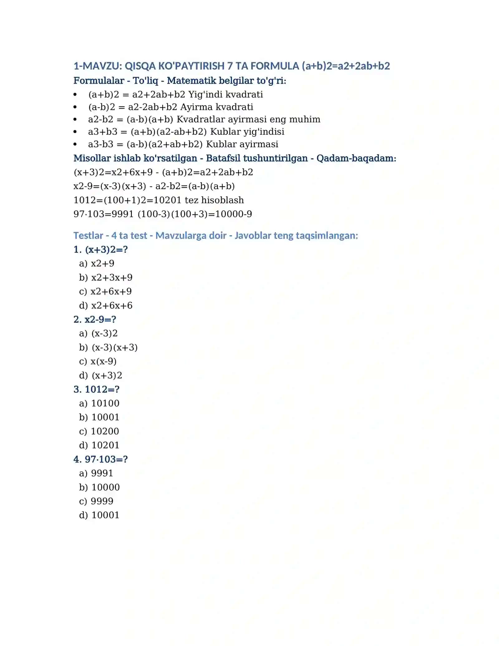 MATEMATIKA-Barcha Mavzular (testlar va javoblari bilan) 3