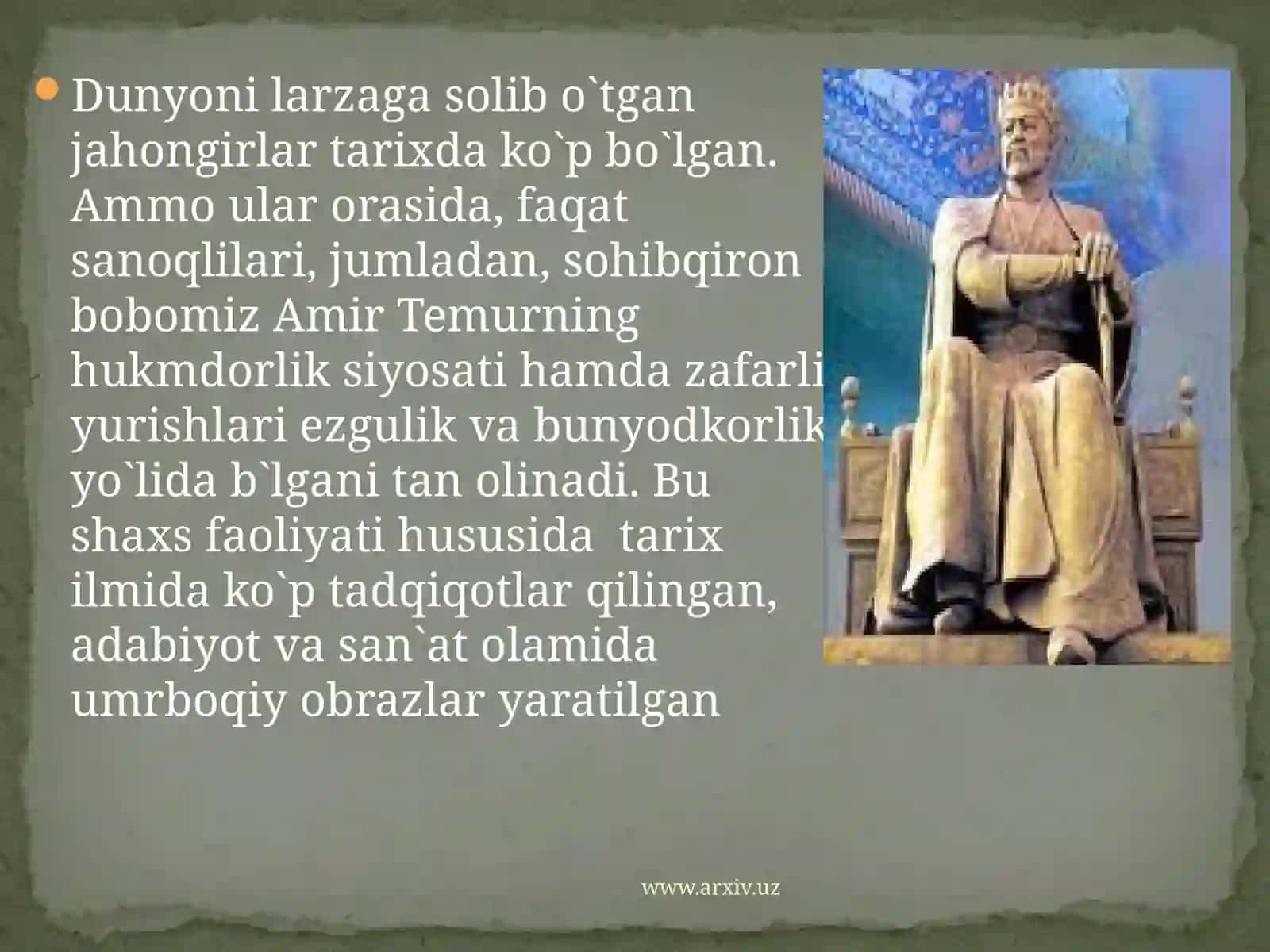 Amir Temur  G`arbni  larzaga  solgan  siymo 3