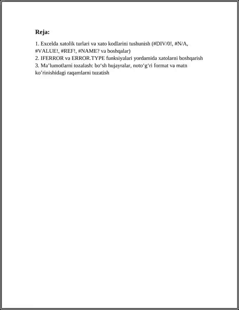 MS EXCEL DASTURIDA XATOLIK BILAN ISHLASH 3
