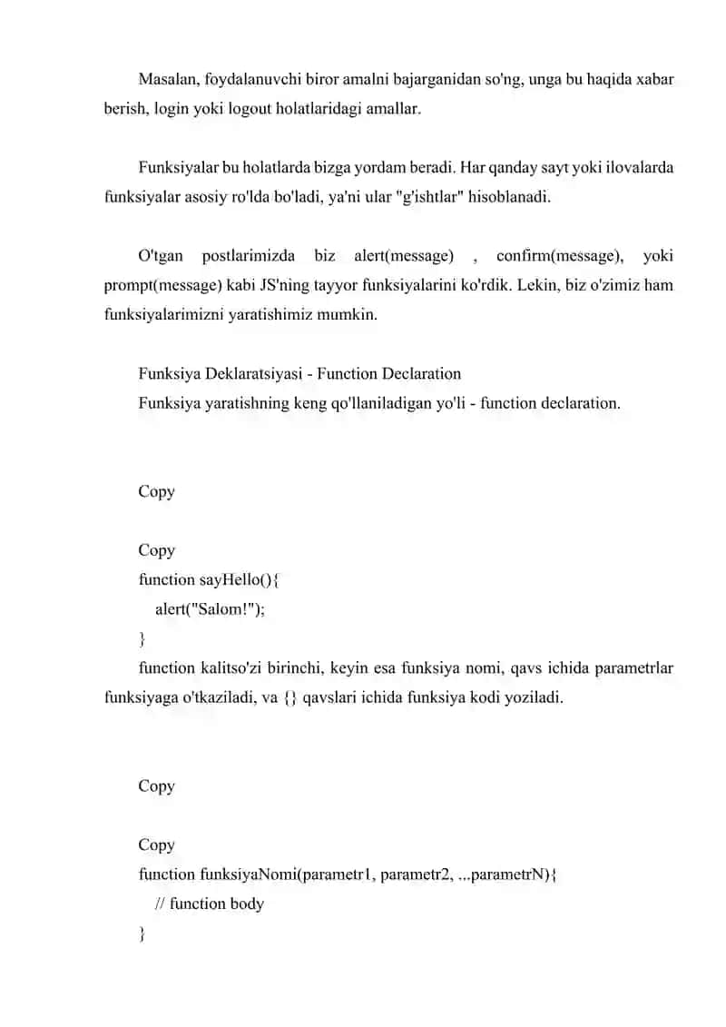 JAVASCRIPT FUNKSIYALARI E'LON QILISH VA CHAQIRISH TURLARI 3