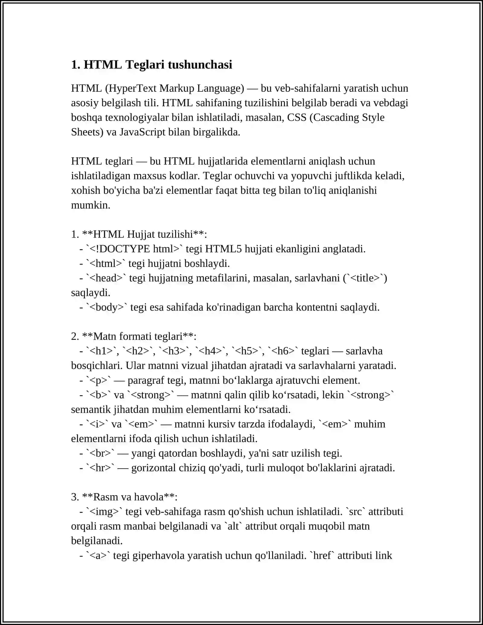 HTML TEGLAR, HTML JADVALLARI, HTML ROHATLARI NIMA 3