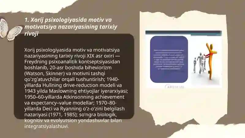 Xorij psixologiyasida motiv va motivatsiya muammosi boʻyicha taqdimot tayyorlash 3