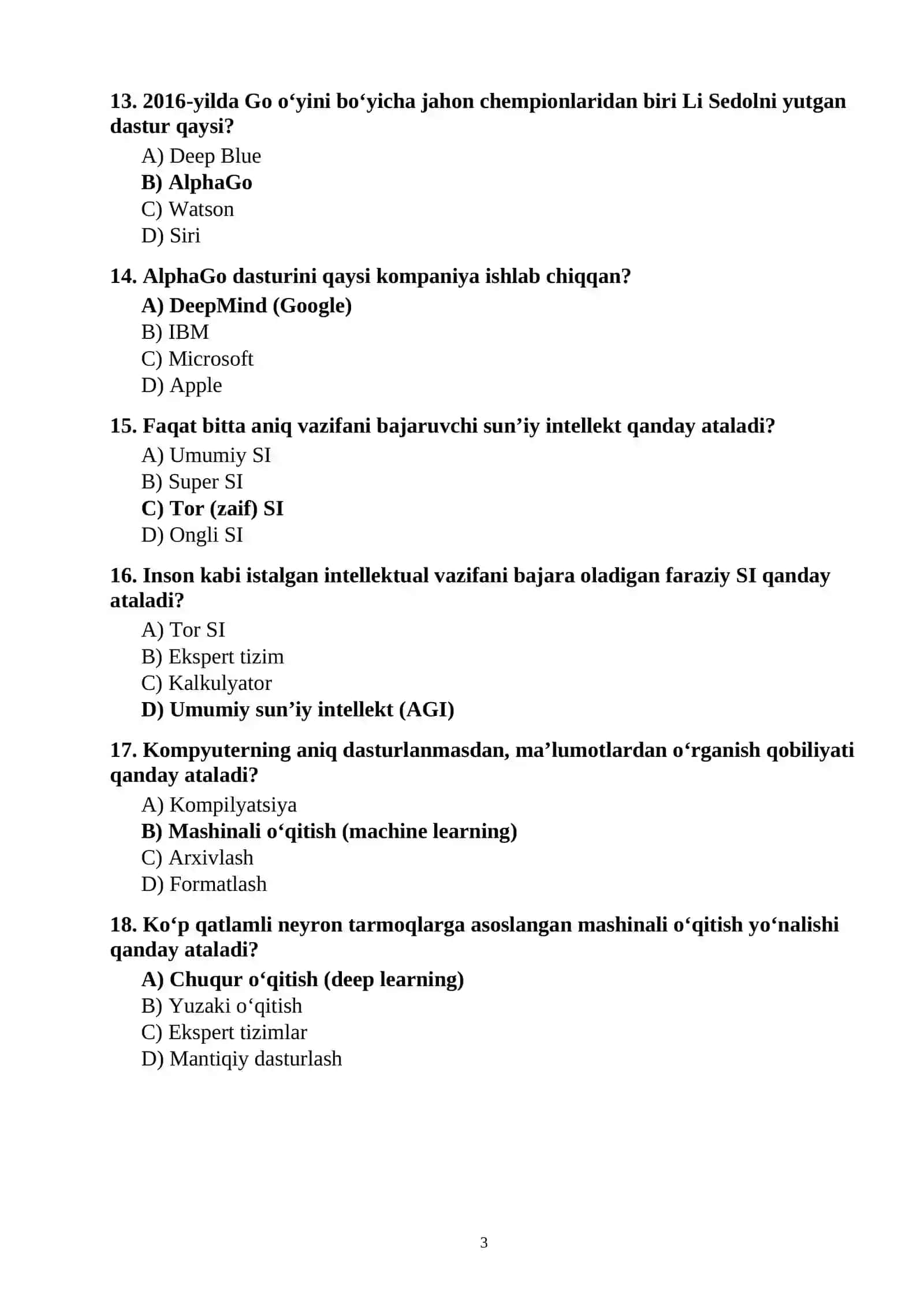 Sun’iy intellekt fanidan 100 ta test savollari javoblari bilan 3