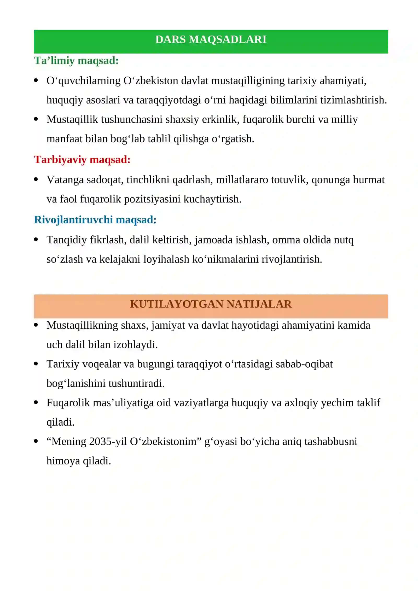 “MUSTAQILLIGIMIZNING 35 YILLIGI” dars ishlanma 3