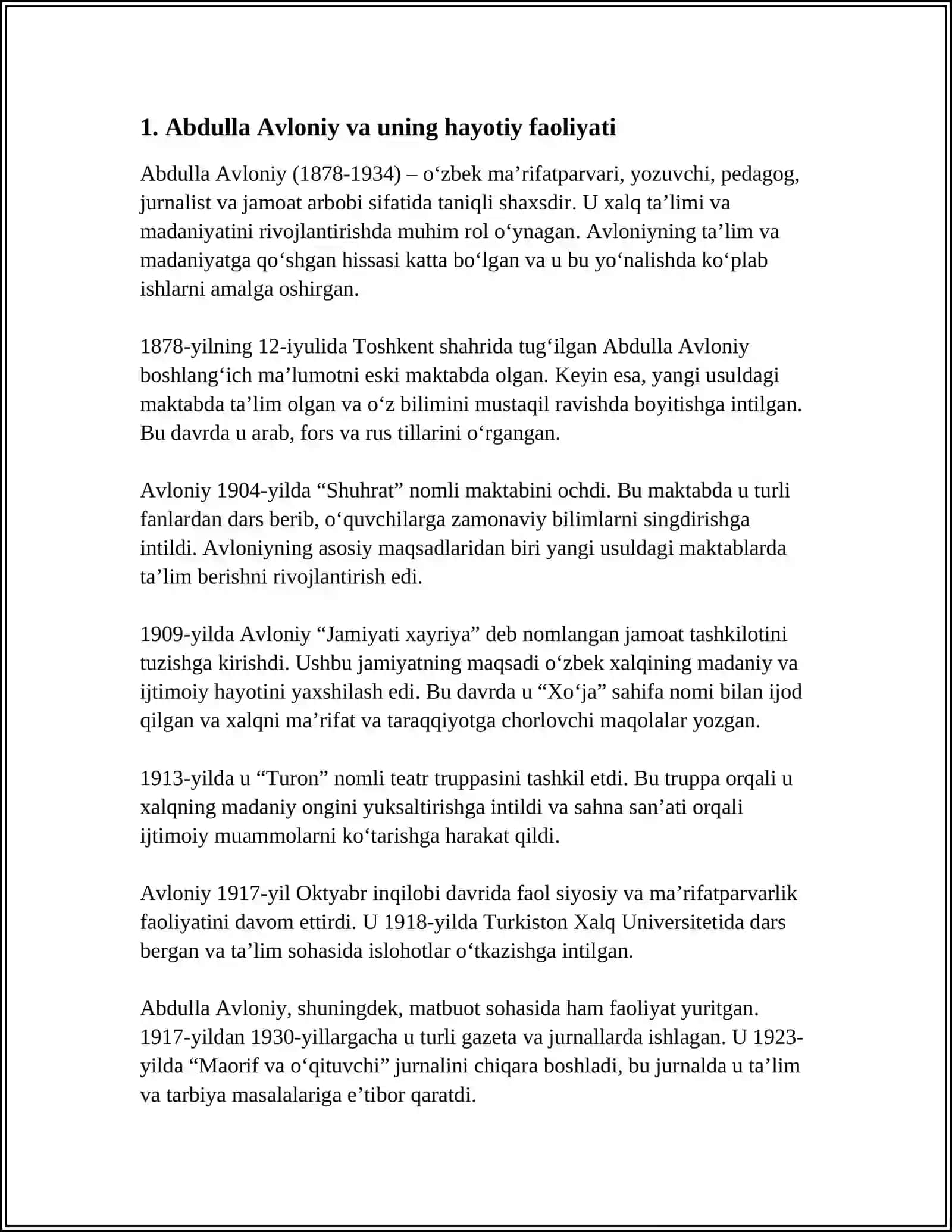 ABDULLA AVLONIYNING KOMIL INSON HAQIDAGI QARASHLARI MAVZUSIDA ESSE TAYYORLASH 3