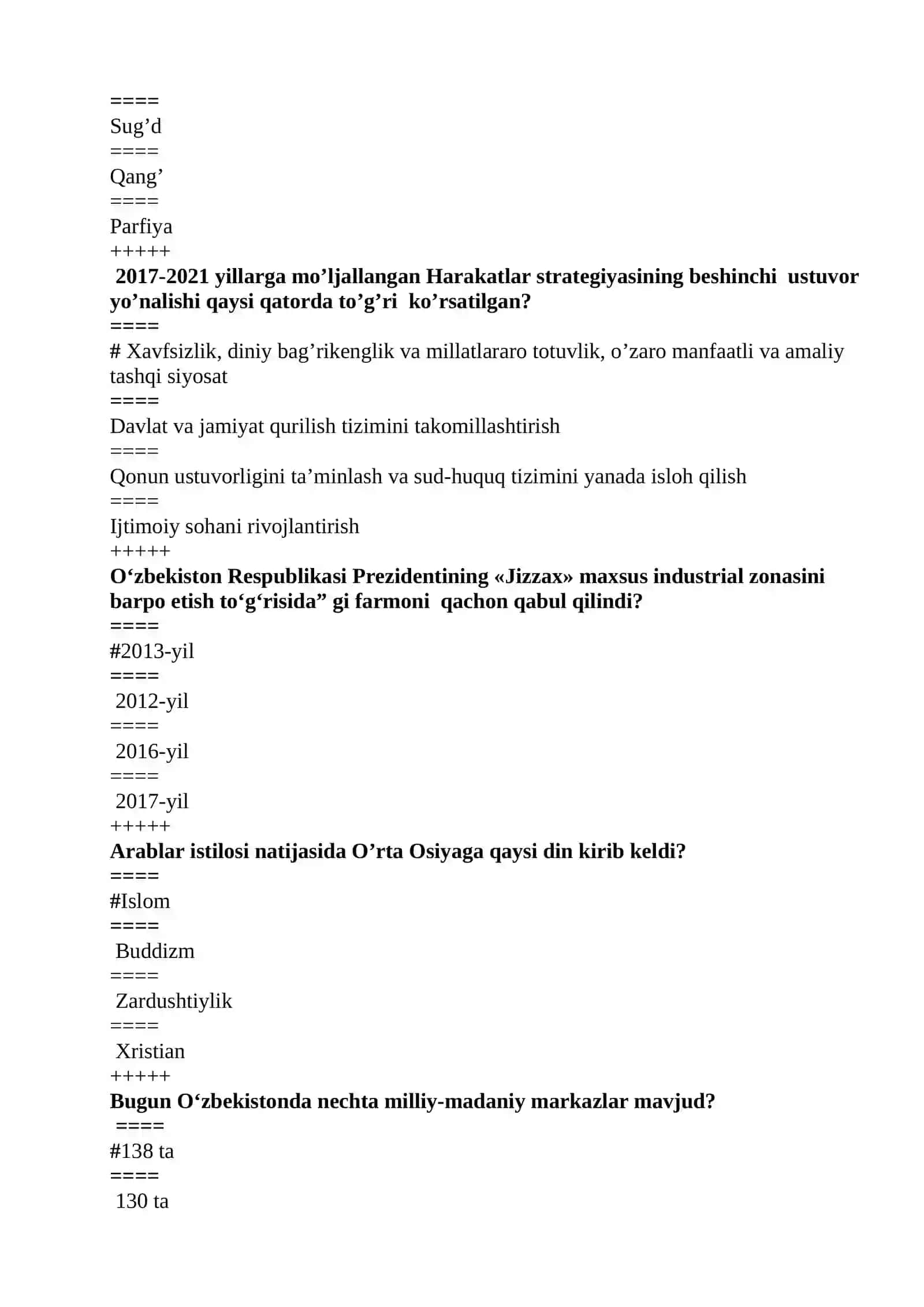 O‘zbekistonning еng yangi tarixi fanidan Yakuniy nazorat test savollari 3