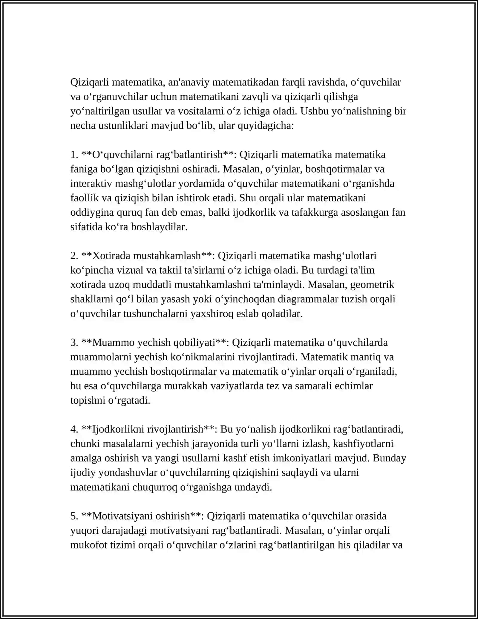 BOSHLANG'ICH MATEMATIKA DARSLARIDA QIZIQARLI MATEMATIKADAN FOYDALANISHNING MAQSADI VA VAZIFALARI. BOSHLANG`ICH SINFLAR MATEMATIKA DARSIDA QIZIQARLI MATEMATIKANI TASHKIL ETISHNING TARBIYAVIY VA TARBIYAVIY AHAMIYATI 3