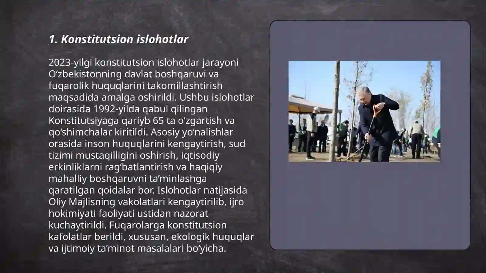 Yangi Oʻzbekistonda Prezident Shavkat Miromonovich Mirziyoyev rahbarligi va tashabbusi ostida amalga oshirilgan islohotlar 3