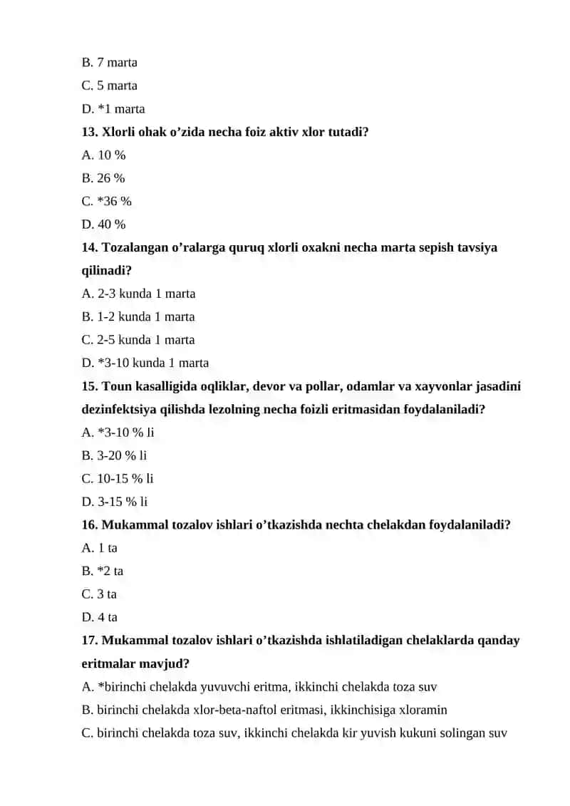 Dezinfeksiya ishi fanidan test, javoblari bilan 3