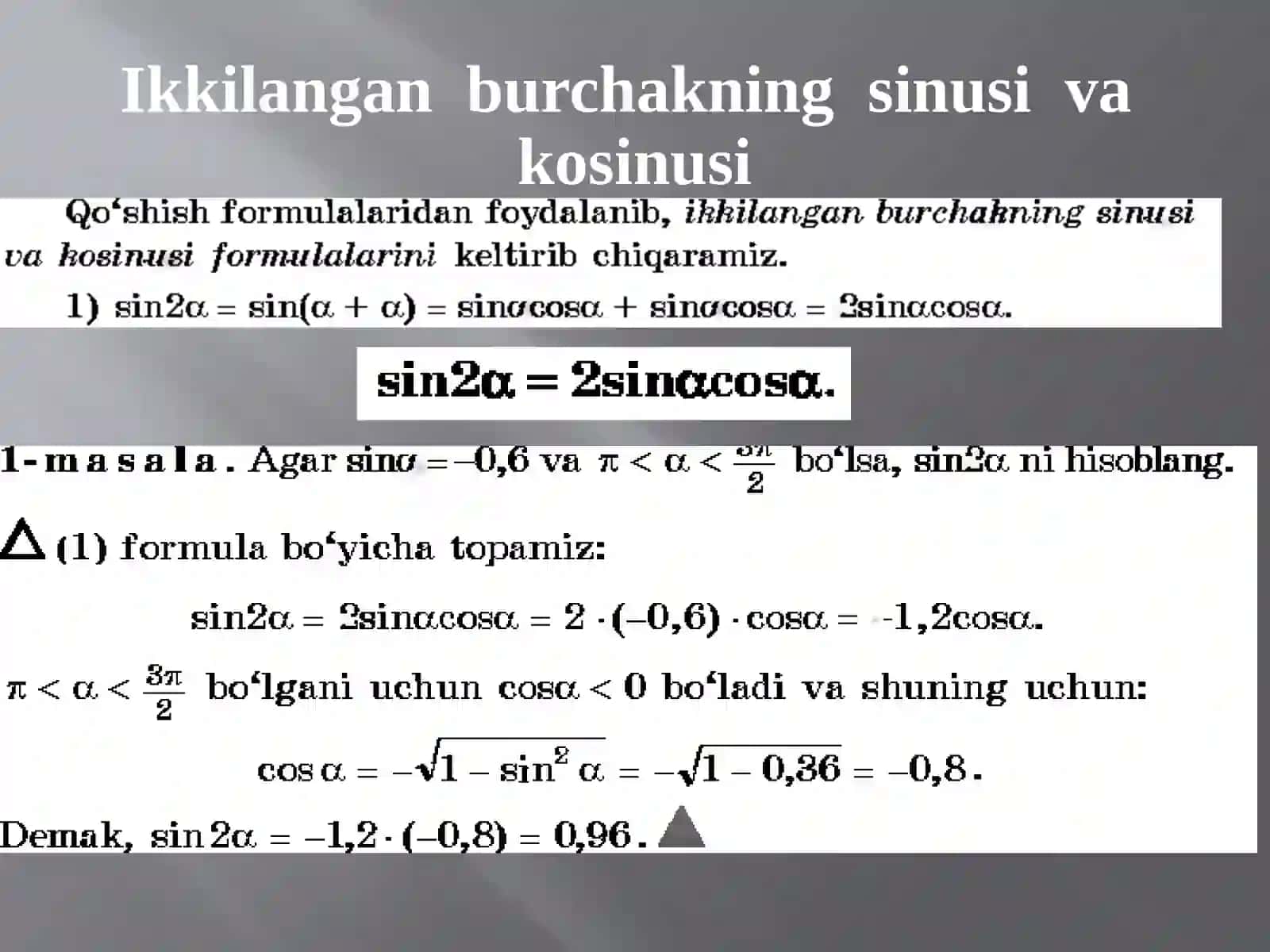 Ikkilanganburchakningsinusivakosinusi 3