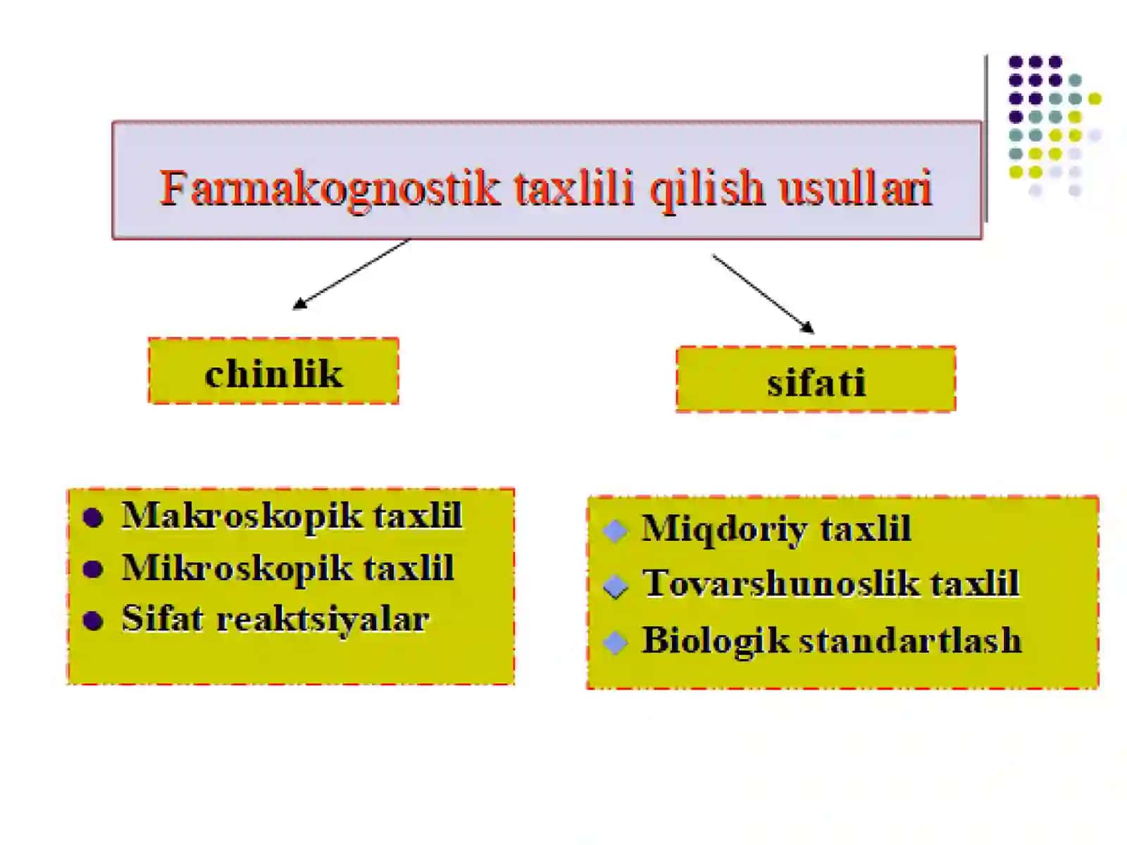 Dorivor o‘simlik xom ashyosini chinlik ko‘rsatkichlarini aniqlash va ularning axamiyati: xom ashyoning tashqi ko‘rinishi va morfologo-anatomik ko‘rinishi 3