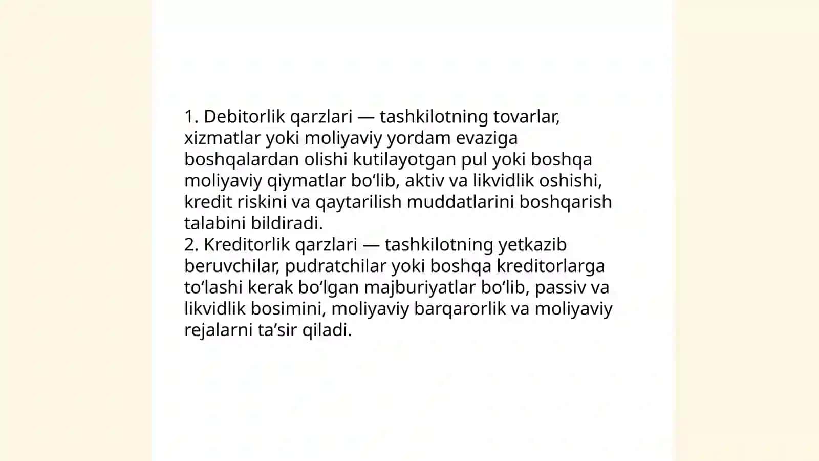 Debitorlik qarzlari va kreditorlik qarzlari mavzusi tahlili 3