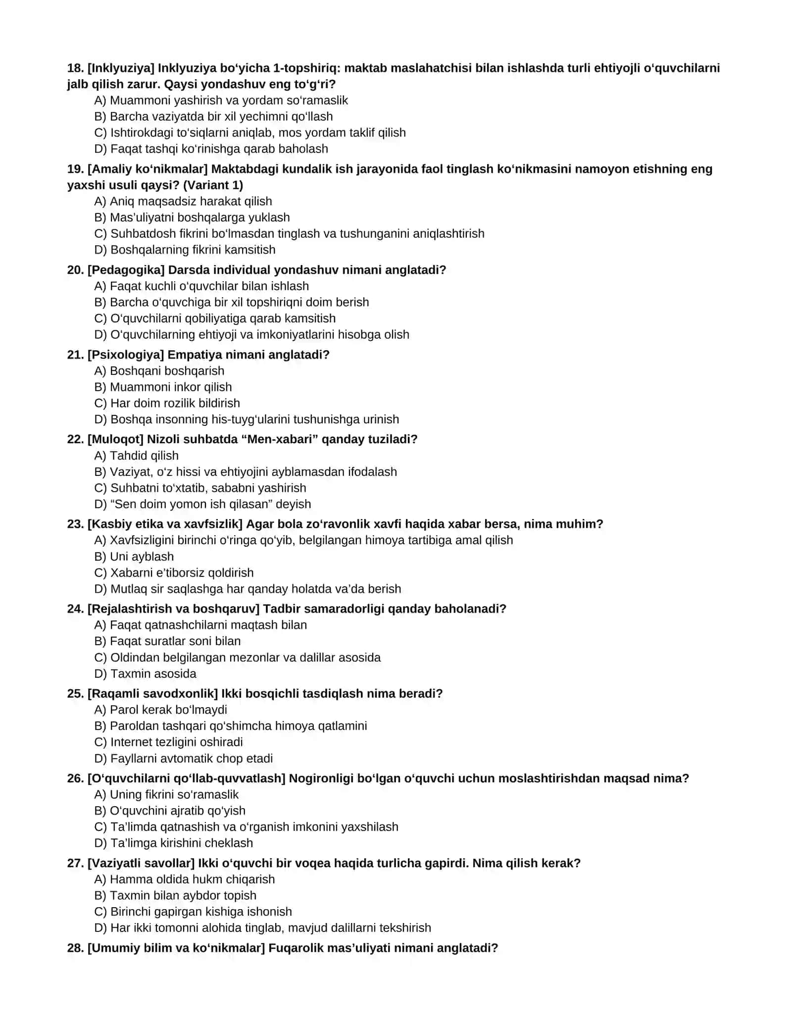 MAKTAB MASLAHATCHISI LAVOZIMI UCHUN 1000 TA TEST 3