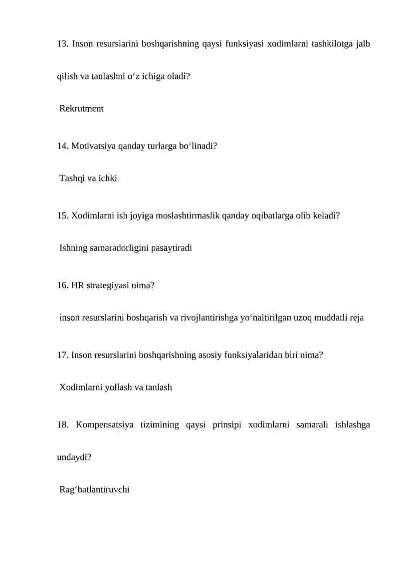 Inson resurslarini boshqarish 150 ta test Javobi bilan yakuniy oraliq 3
