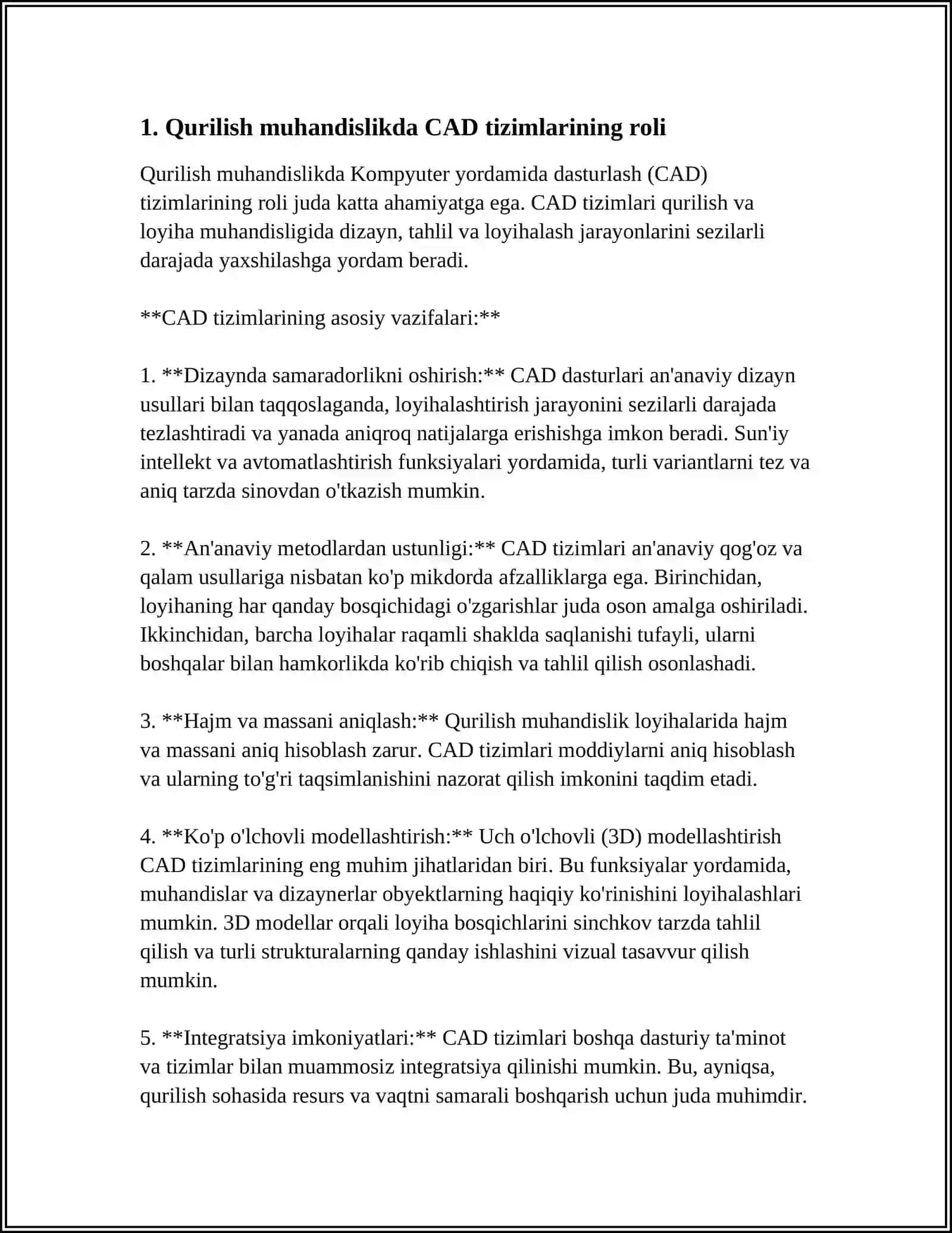 QURILISH MUHANDISLIK CAD TIZIMLARINI AVZALLIKLARI MISOLLAR. ISHLARIDA QO'LLASH 3