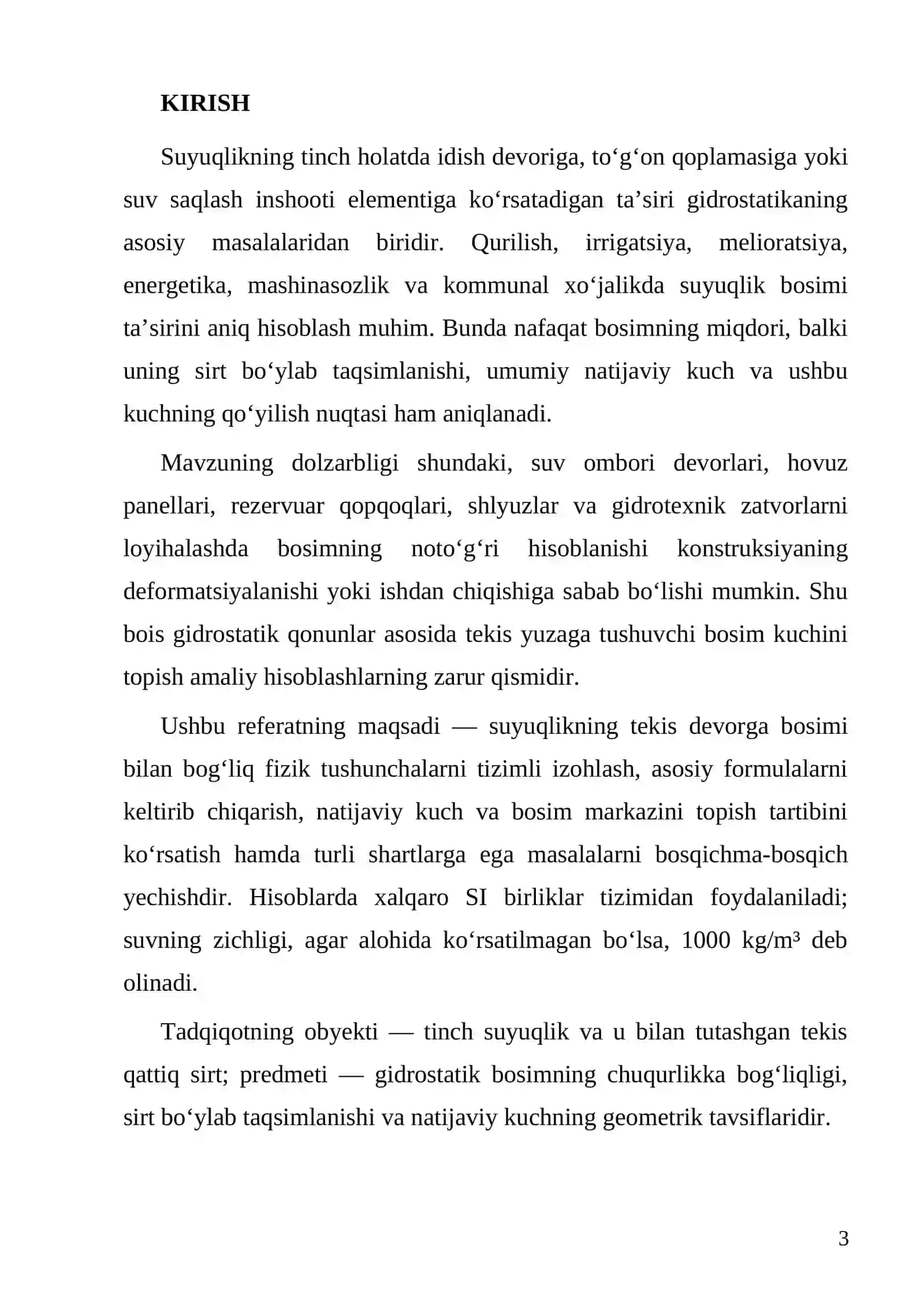 MAVZU: SUYUQLIKNING TEKIS DEVORGA BOSIMI. MASALALAR 3