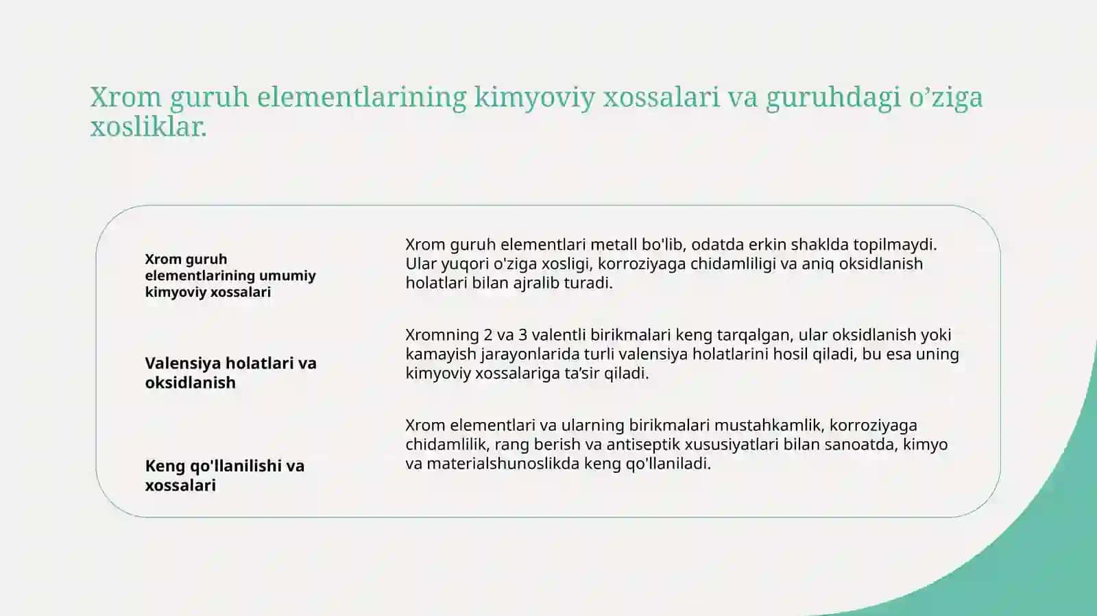 Xrom guruh elementlarini xossalarini o’rganish 3