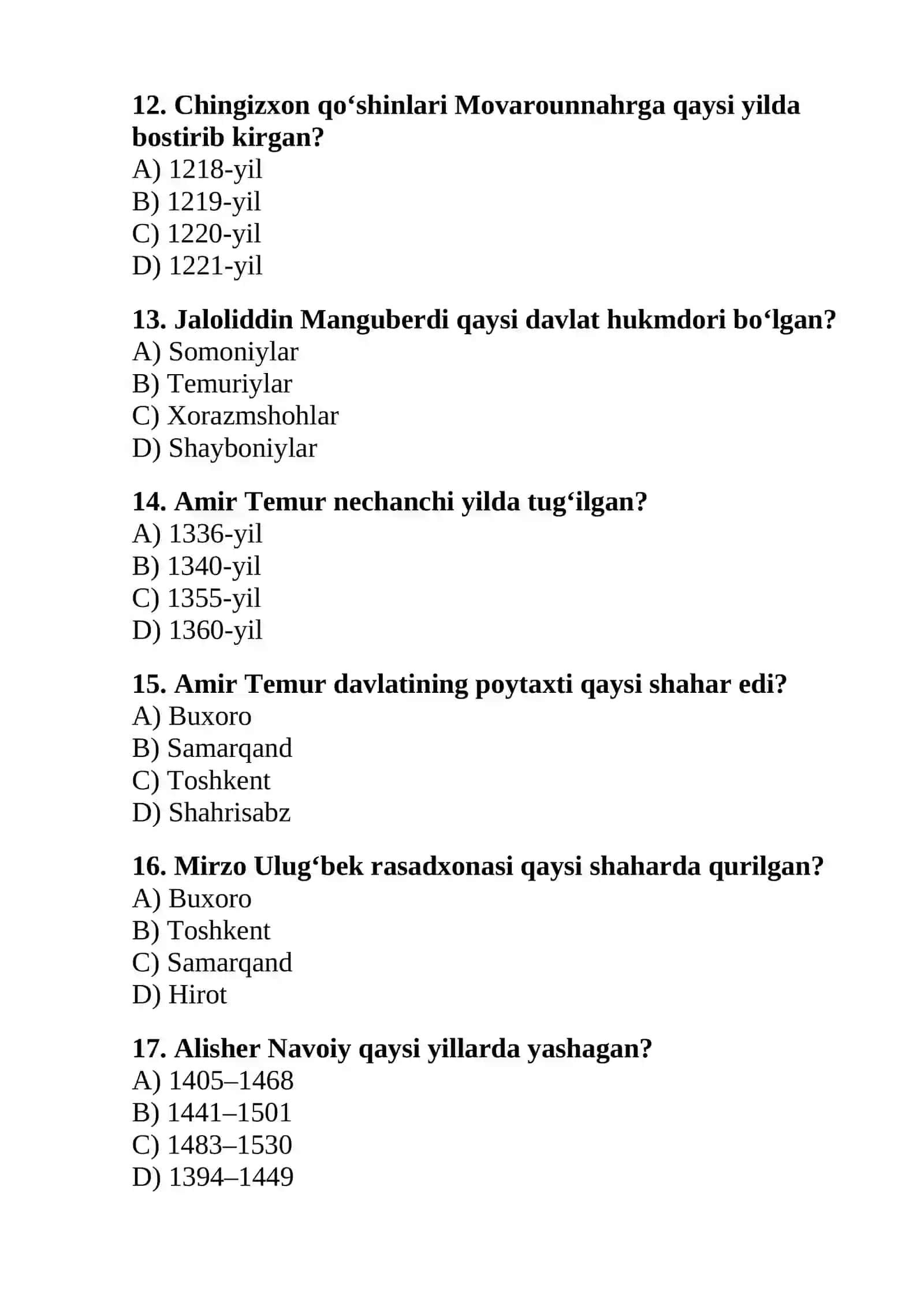 O‘zbekiston tarixi — DTM uslubidagi 30 ta test 3