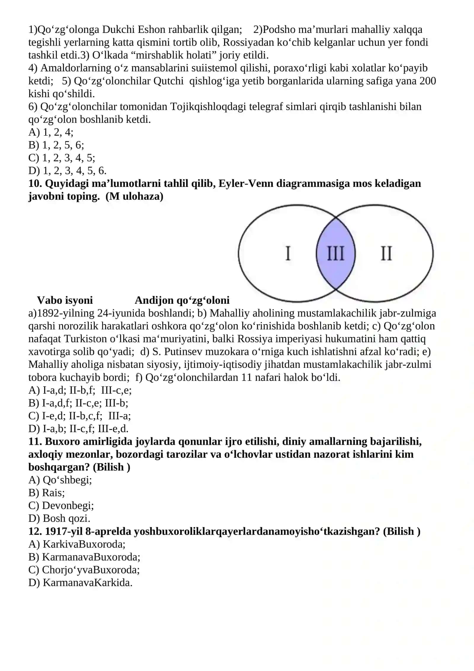 9-SINF O'ZBEKISTON TARIXI. 1-VARIANT 3