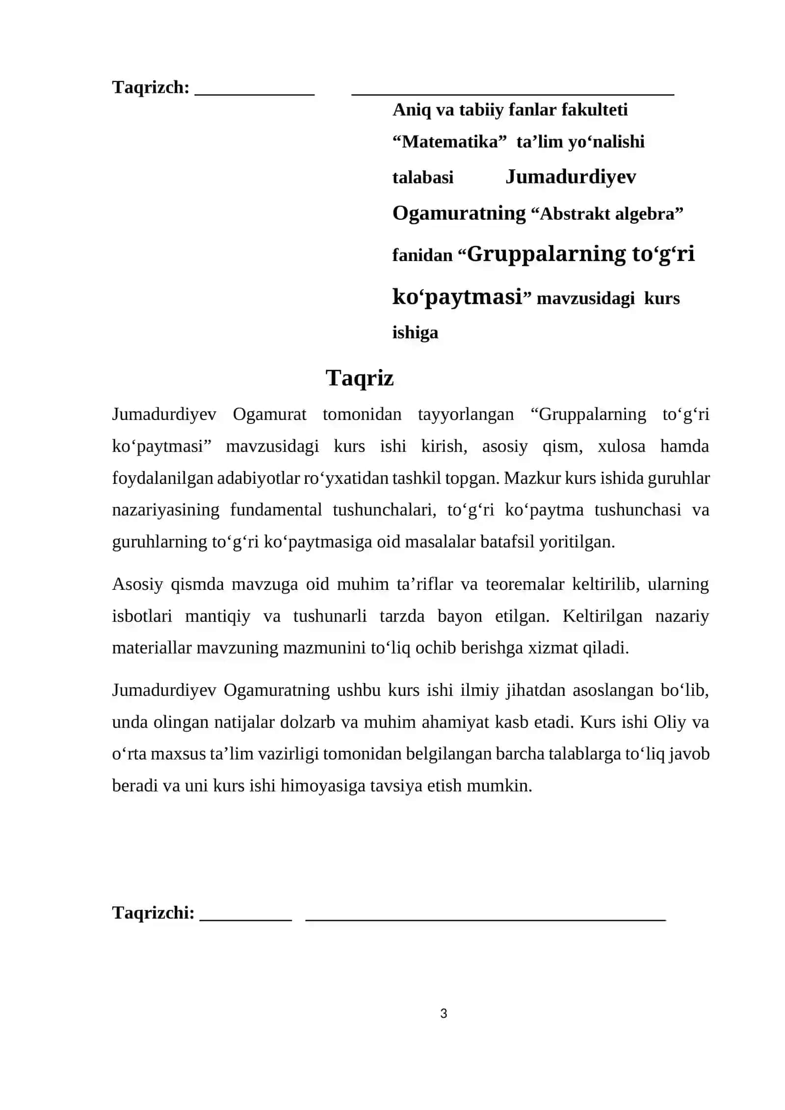Algebra. GRUPPALARNING TOGRI KOPAYTMASI 3