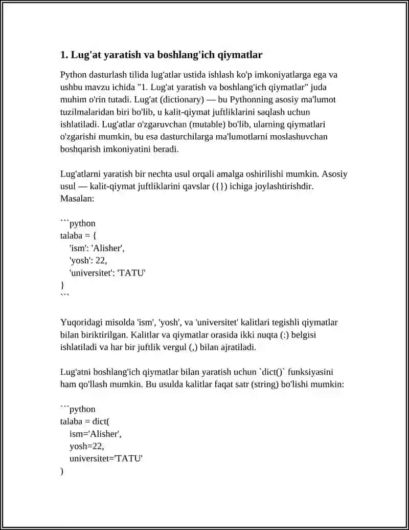PYTHON DASTURLASH TILIDA LUG'ATLAR USTIDA AMALLAR 3