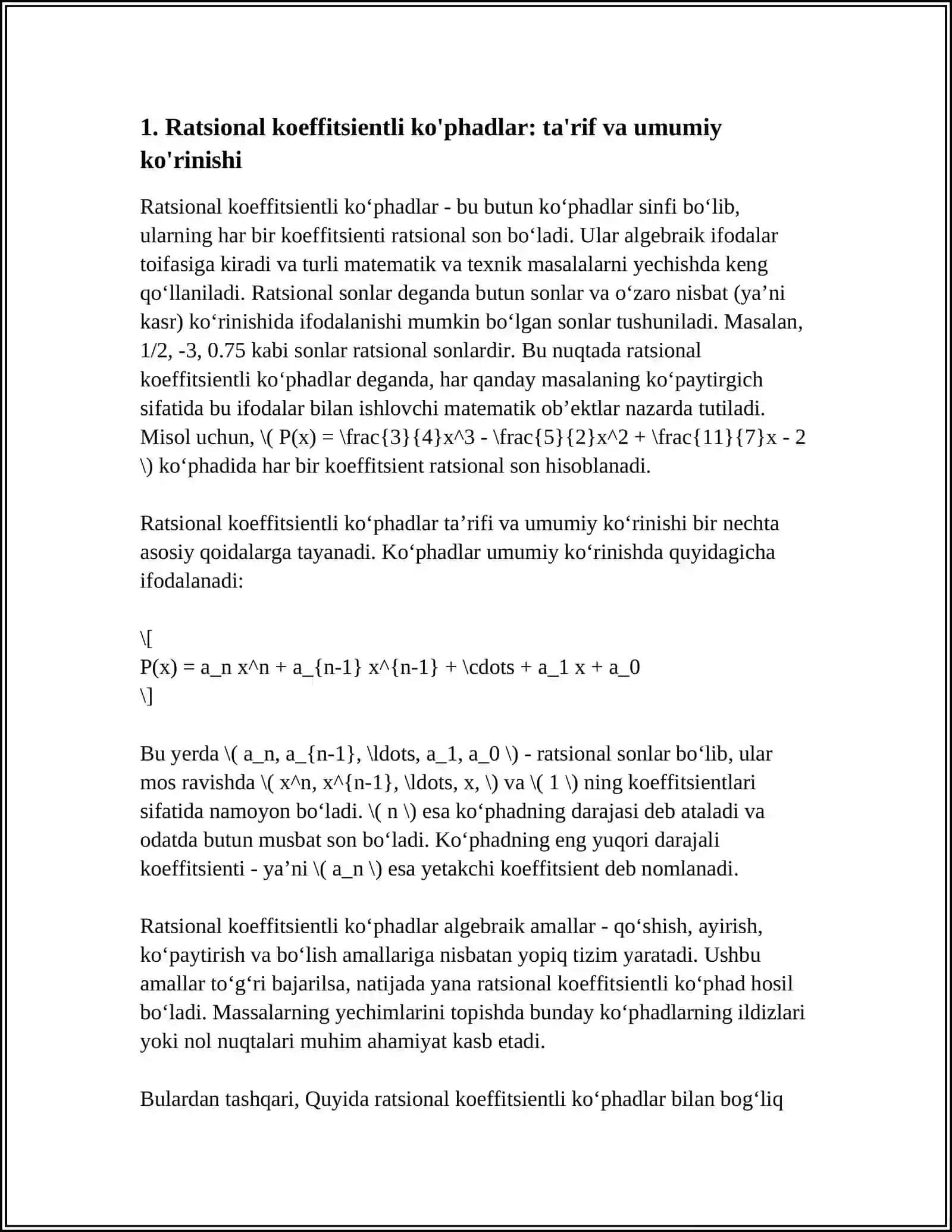 RATSIONAL KOEFFITSIENTLI KOʻPHADLAR 3