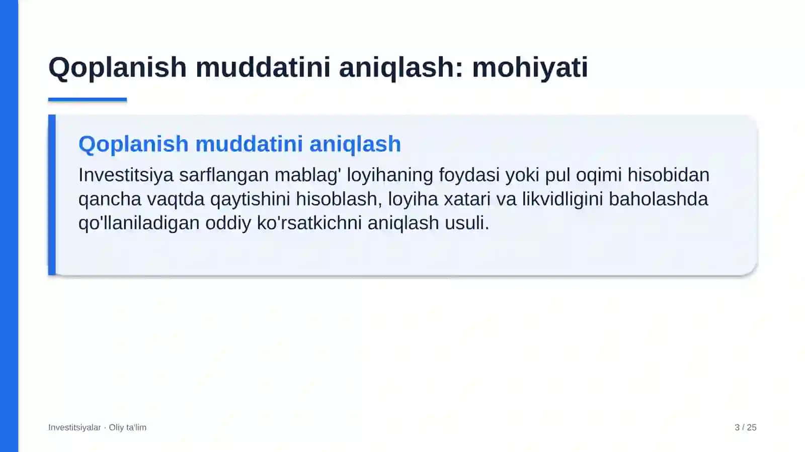 Ehtiyot qismlar do'konlarida investitsiyalarning qoplanish muddatini aniqlash 3