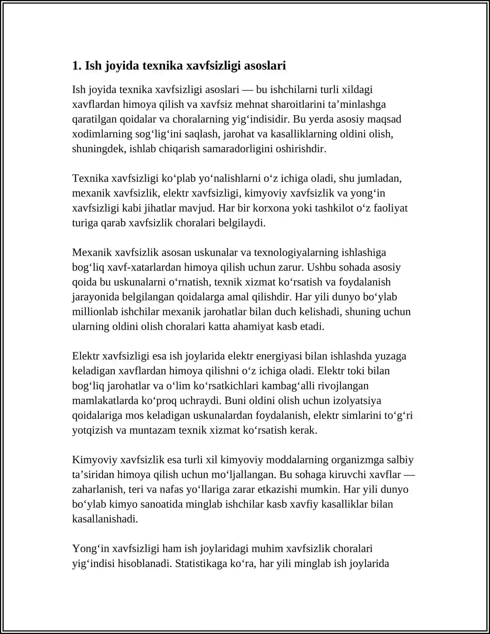 ISH JOYIDA TEXNIKA XAVFSIZLIGI MAVZUSIDA 15 BETLIK REFERAT 3