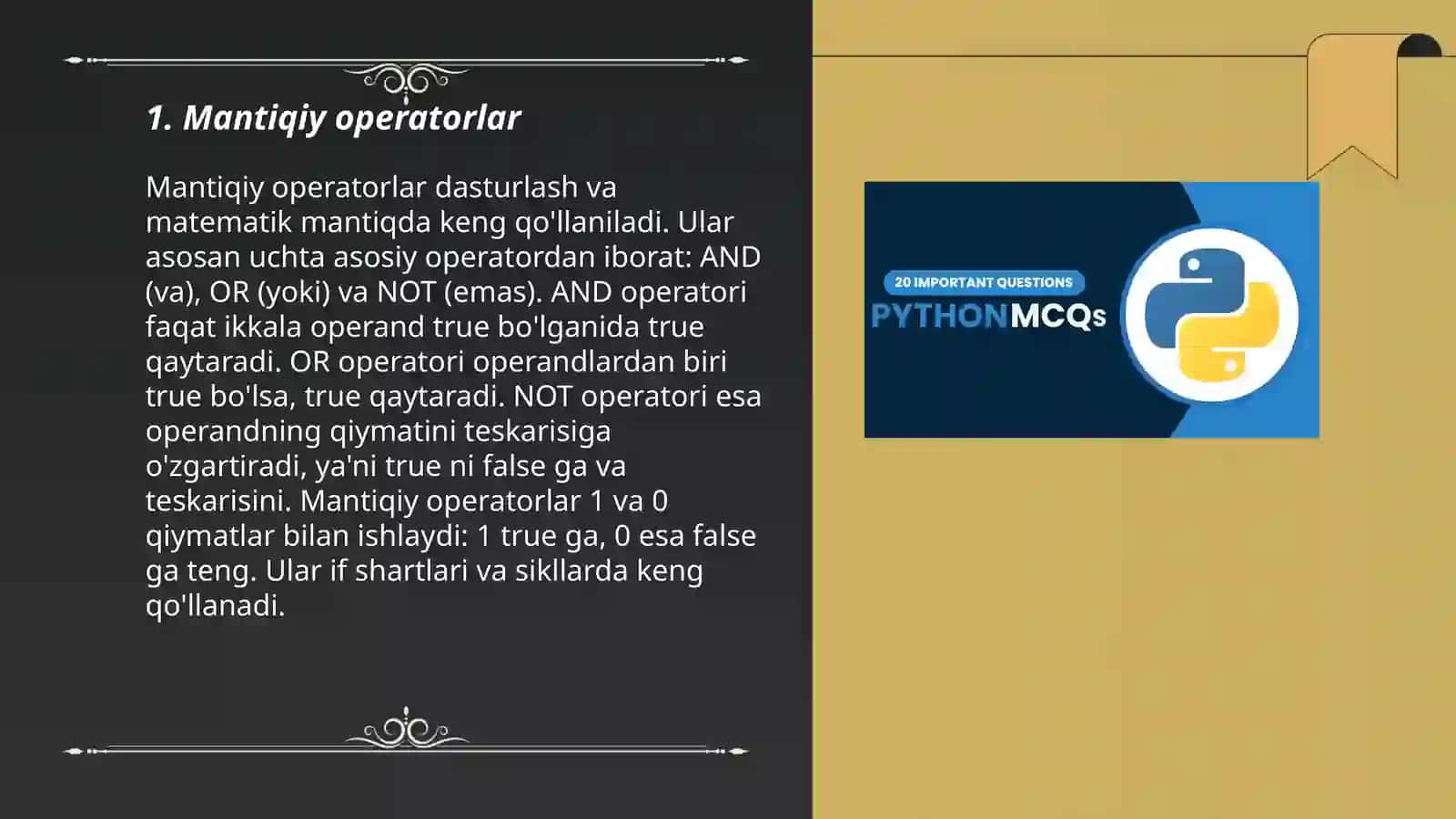 Python dasturlash tilida mantiqiy, taqqoslash va bitli operatsiyalar 3