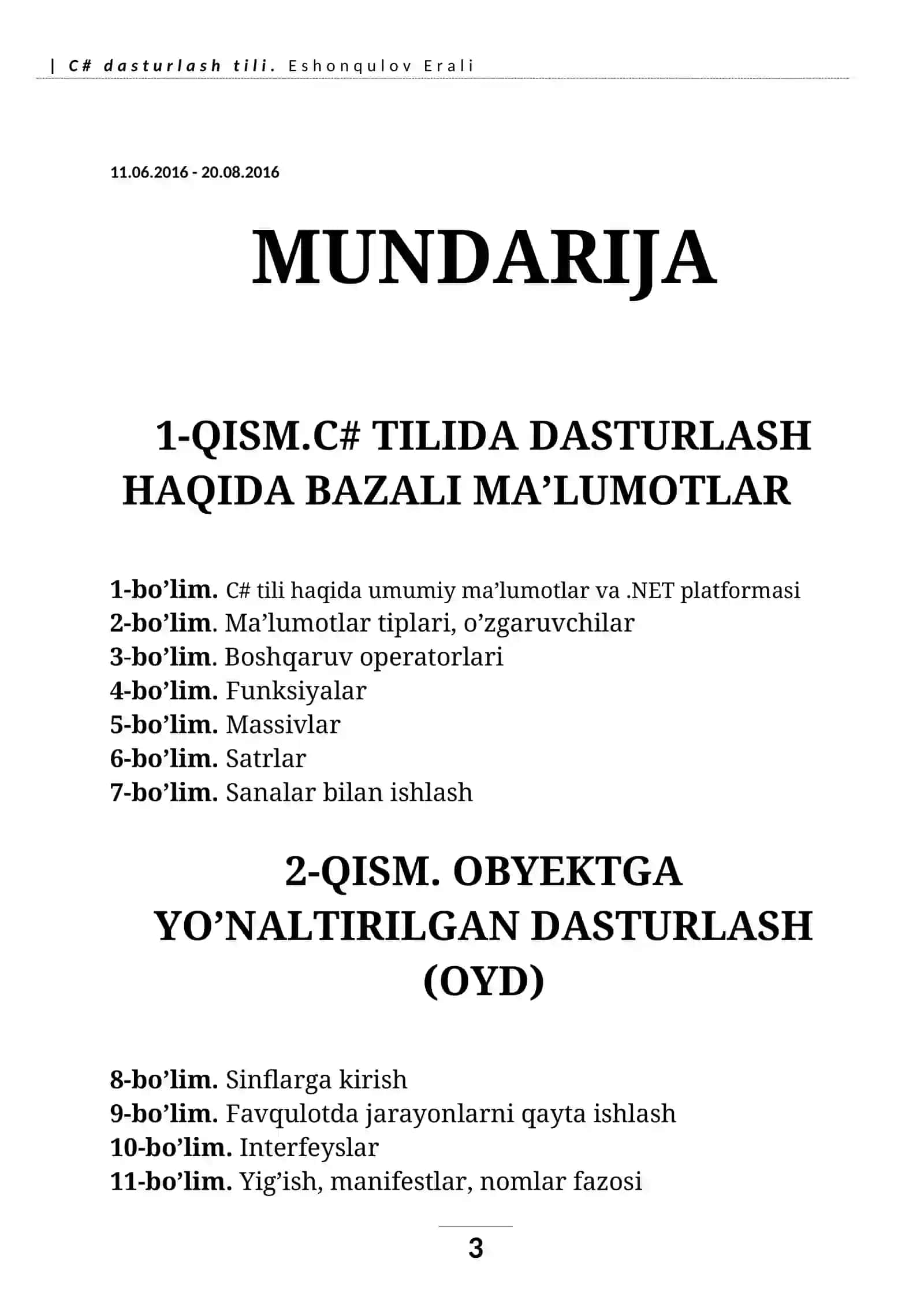 C# dasturlash tili. Eshonqulov Erali 3