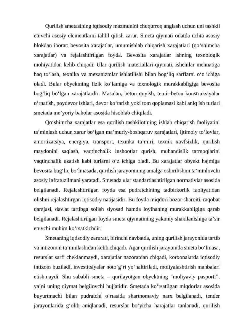 Qurilishning smeta bo‘yicha qіymati (narxi)ni belgilashning tarkibi, tuzilishi va uslublari 3