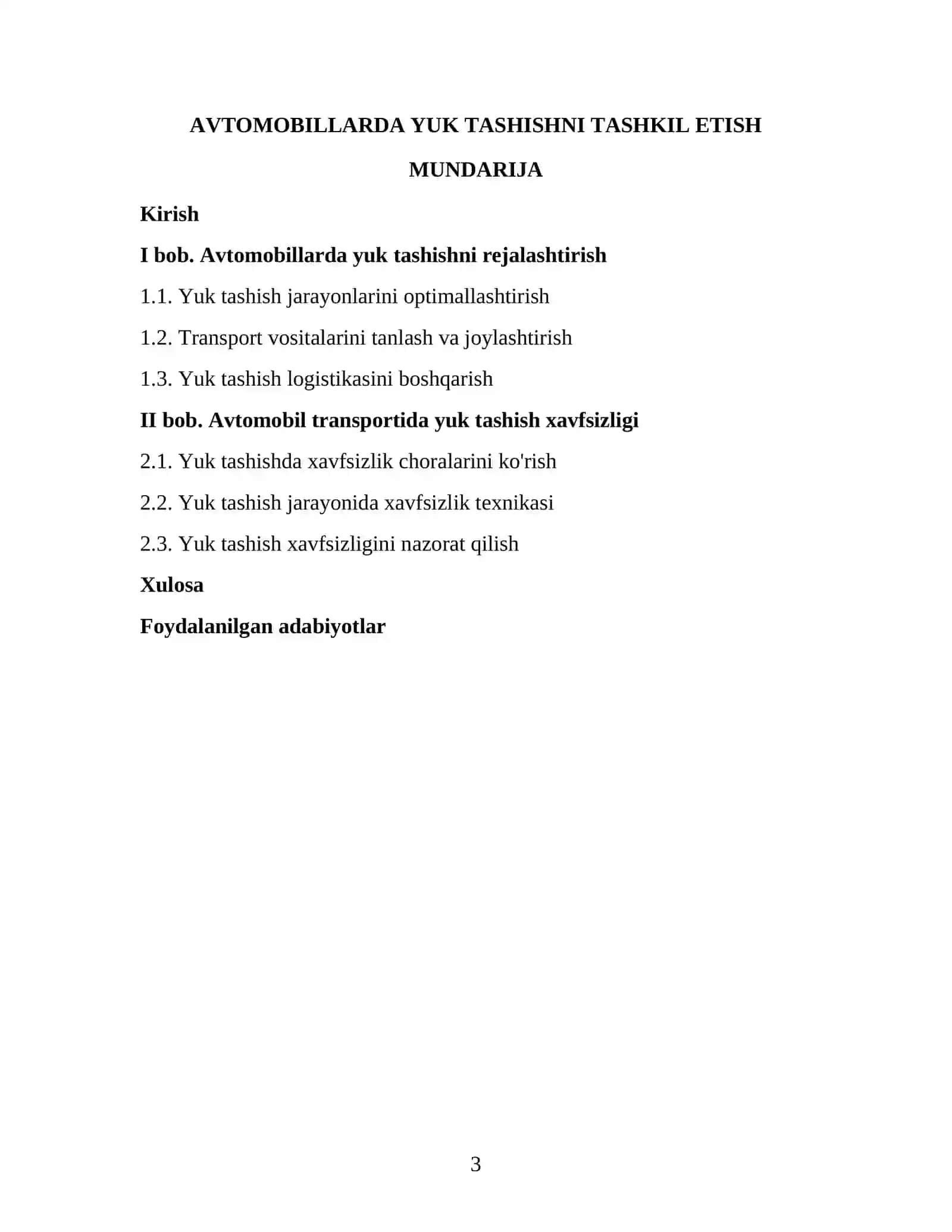 AVTOMOBILLARDA YUK TASHISHNI TASHKIL ETISH KURS ISHI 3