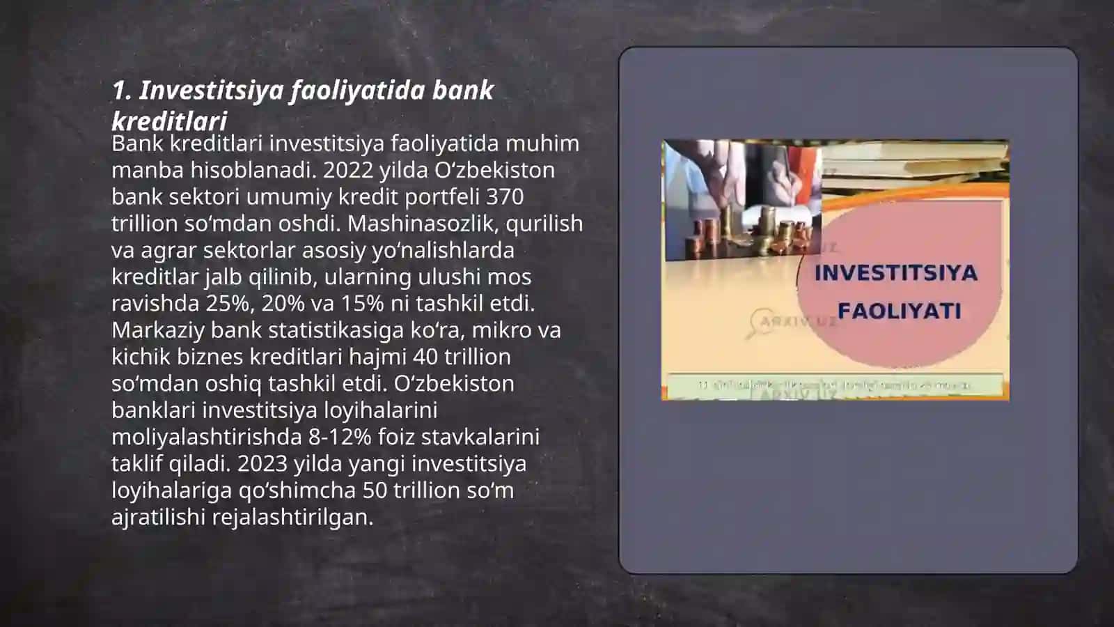 Investirsiya faoliyatini kreditlash Hasanov Shaxobjon Umidjonovich 3