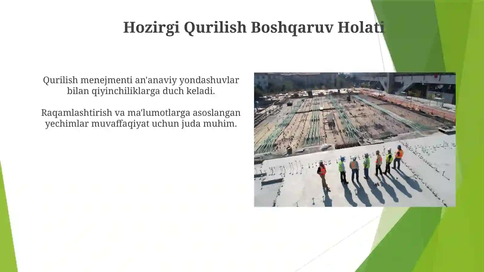 Bunyodkorlik ishlariga boshbolish boshqaruv tizimida yangichayondoshuvlar zarurligi 3